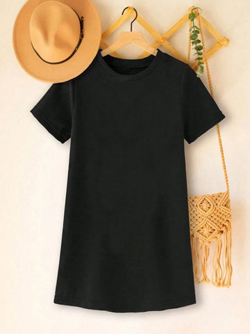 Street-Style Glittery Heart Print Short Sleeve Dress For Little Girls