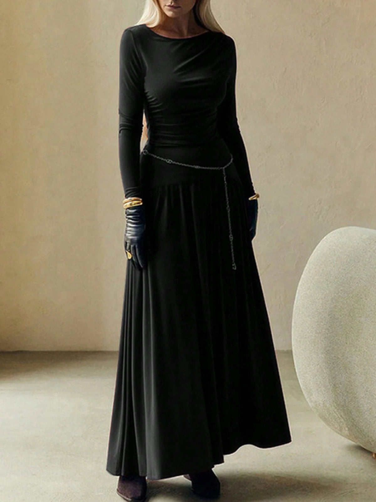 Street-Style Pleated High Waist Round Neck Long Sleeve Cinched Waist Dress