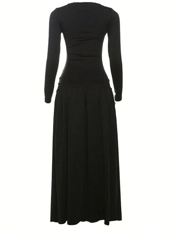 Street-Style Pleated High Waist Round Neck Long Sleeve Cinched Waist Dress