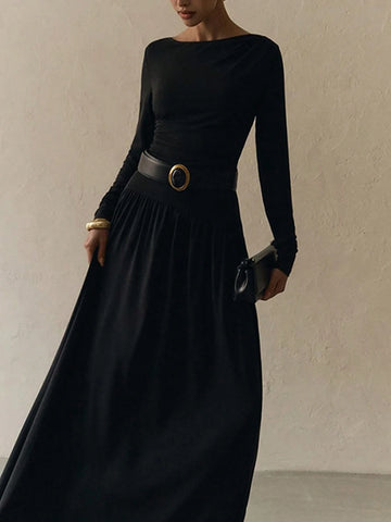 Street-Style Pleated High Waist Round Neck Long Sleeve Cinched Waist Dress