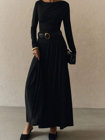 Street-Style Pleated High Waist Round Neck Long Sleeve Cinched Waist Dress