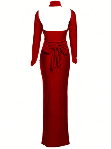 Street-Style Sexy Hollow Out Tie-Up Fitted Long Sleeve Dress