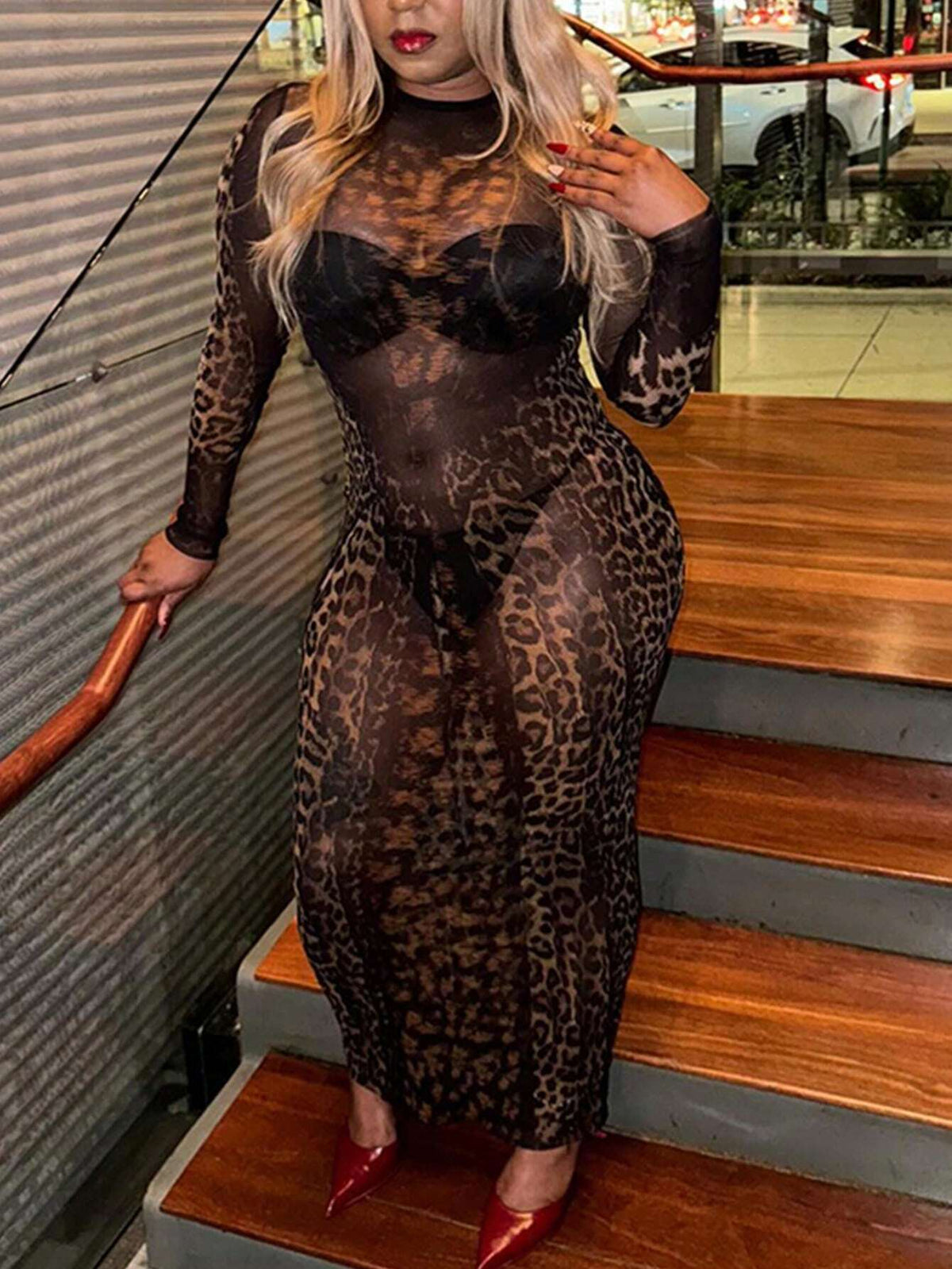 Street Cool Girl Style Long Sleeve Leopard Print Mesh Sheer See-Through Maxi Dress