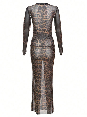 Street Cool Girl Style Long Sleeve Leopard Print Mesh Sheer See-Through Maxi Dress