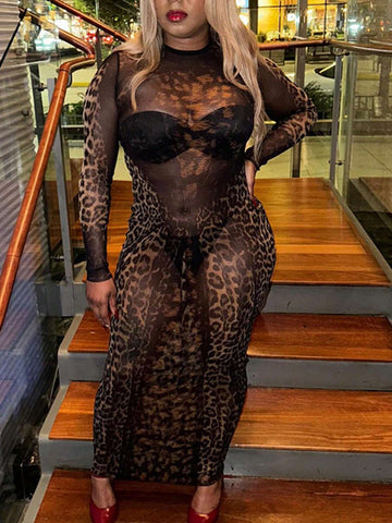 Street Cool Girl Style Long Sleeve Leopard Print Mesh Sheer See-Through Maxi Dress