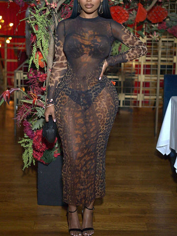 Street Cool Girl Style Long Sleeve Leopard Print Mesh Sheer See-Through Maxi Dress