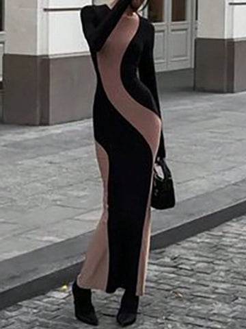 Street Style Colorblock Round Neck Long Sleeve Bodycon Dress