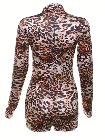Street Style Leopard Print Long Sleeve Bodycon Jumpsuit