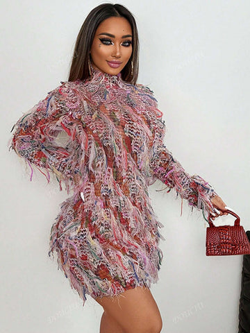 Street Style Sexy Colorful Fringe Long Sleeve Fitted Mini Dress