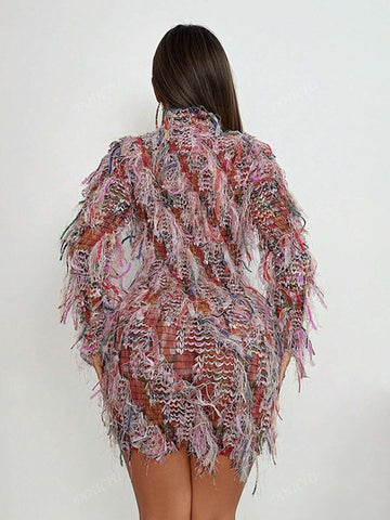 Street Style Sexy Colorful Fringe Long Sleeve Fitted Mini Dress