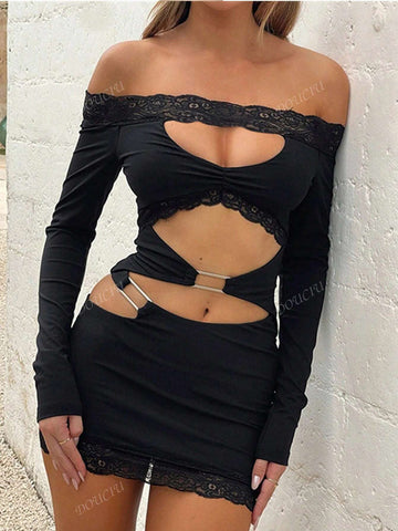 Street Style Sexy Hollow-Out Lace Trim Off Shoulder Long Sleeve Mini Dress For Women