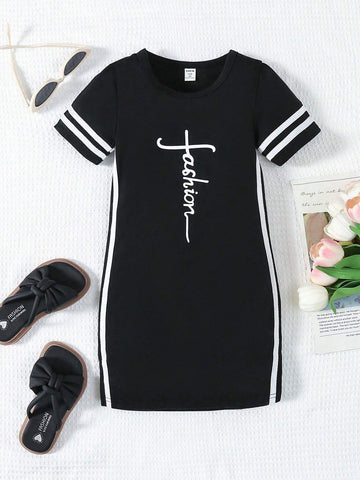 Street Style Young Girls' Round Neck Short Sleeve Letter Print Dress For Summer