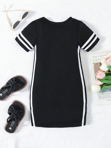 Street Style Young Girls' Round Neck Short Sleeve Letter Print Dress For Summer