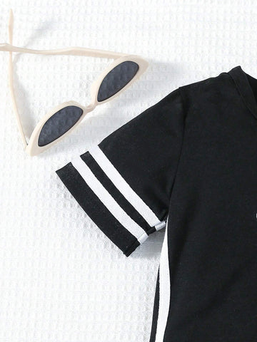 Street Style Young Girls' Round Neck Short Sleeve Letter Print Dress For Summer
