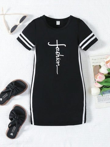 Street Style Young Girls' Round Neck Short Sleeve Letter Print Dress For Summer