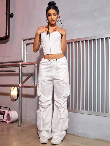 Street Vibes Flap Pockets Drawstring Ruched Cargo Parachute Pants