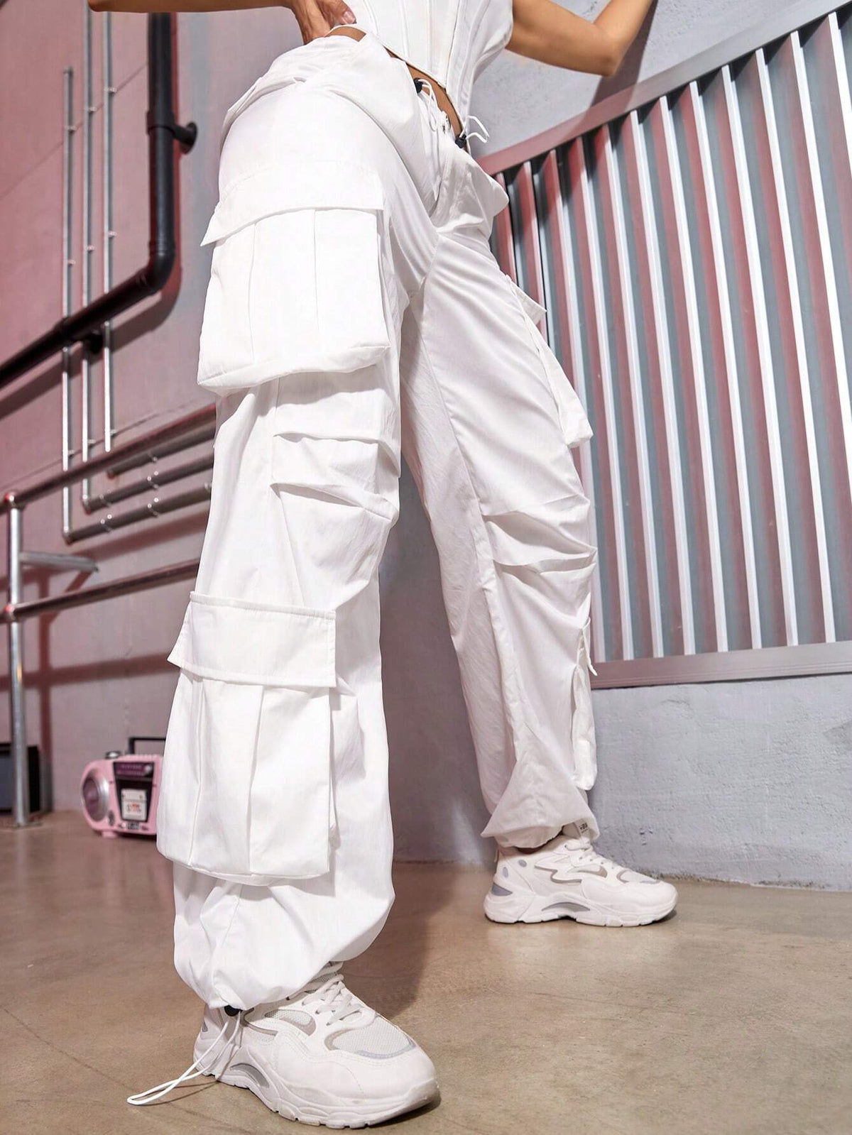 Street Vibes Flap Pockets Drawstring Ruched Cargo Parachute Pants