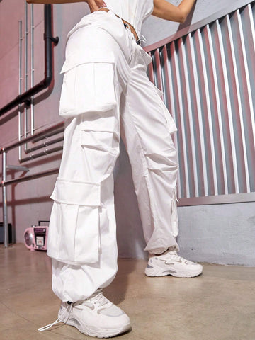 Street Vibes Flap Pockets Drawstring Ruched Cargo Parachute Pants