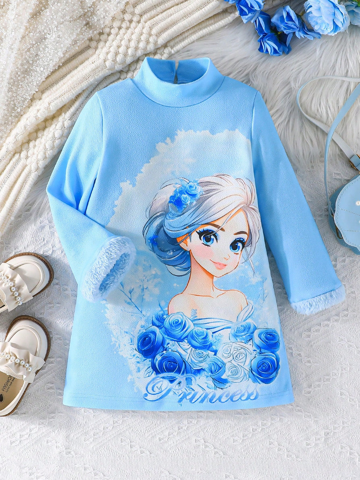 Street Wear Girls Cartoon Princess Pattern Round Neck Long Sleeve Flare Fuzzy Cuff Lined Warm Casual Everyday Commute Versatile Girls Dress, Autumn/Winter