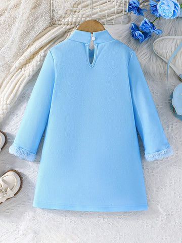 Street Wear Girls Cartoon Princess Pattern Round Neck Long Sleeve Flare Fuzzy Cuff Lined Warm Casual Everyday Commute Versatile Girls Dress, Autumn/Winter