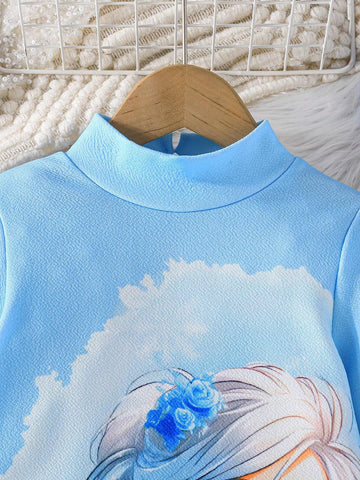 Street Wear Girls Cartoon Princess Pattern Round Neck Long Sleeve Flare Fuzzy Cuff Lined Warm Casual Everyday Commute Versatile Girls Dress, Autumn/Winter