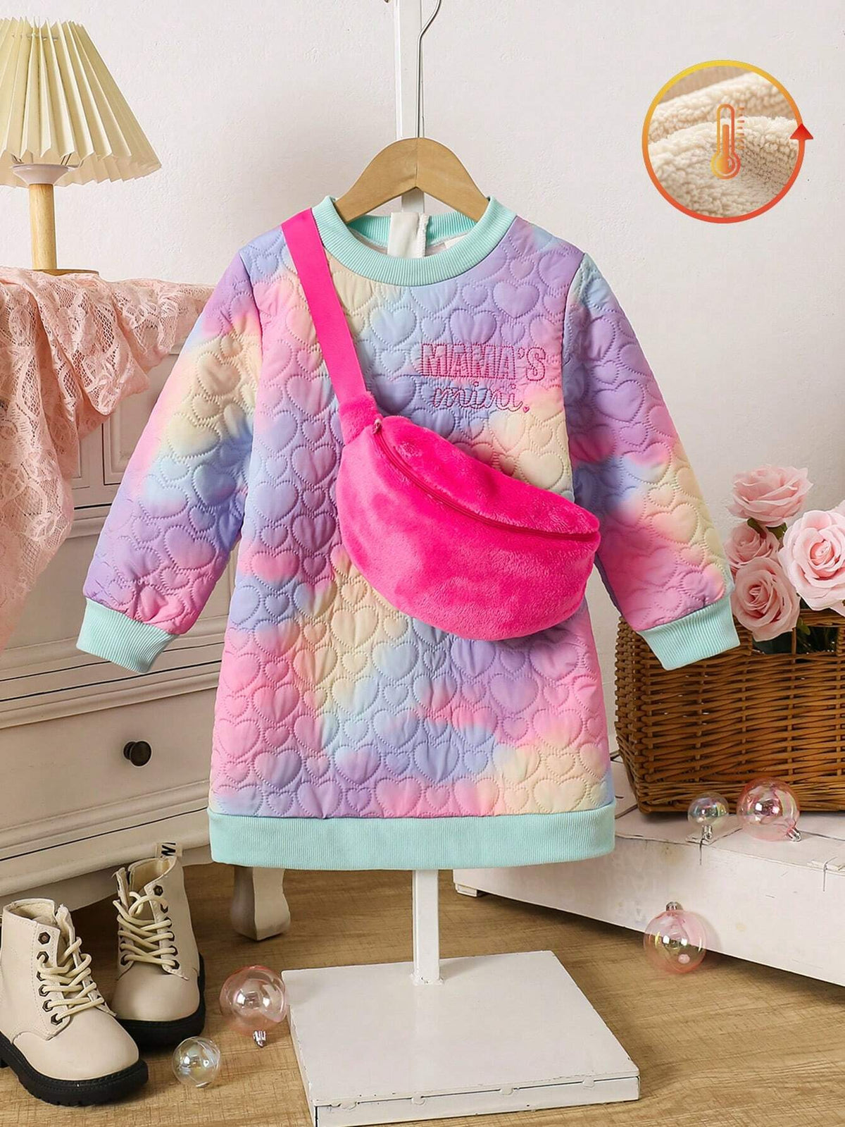 Street Wear Girls Cotton Blend Long Sleeve Tie Dye Heart Print Sweatshirt Dress
