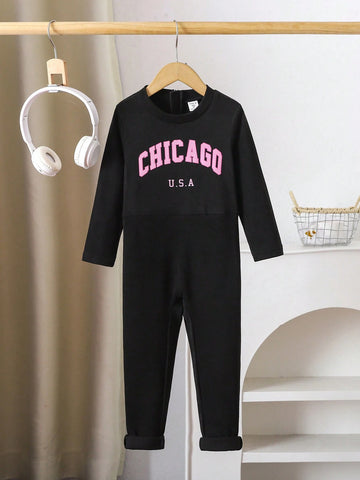 Street Wear Girls' Romper, Young Girl' Black Long Sleeve Casual Slim Fit Jumpsuit,Thin Fleece Fabric, Fashionable Minimalist Style