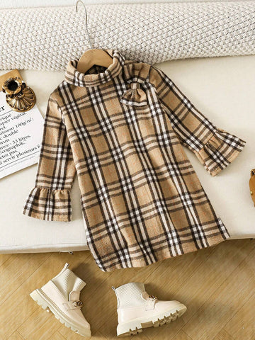 Street Wear Women Girls Elegant Ladylike British Plaid High Collar Wool Dress With Bow Decor, A-Line Fitted Dress, Lady-Like Style Autumn/Winter