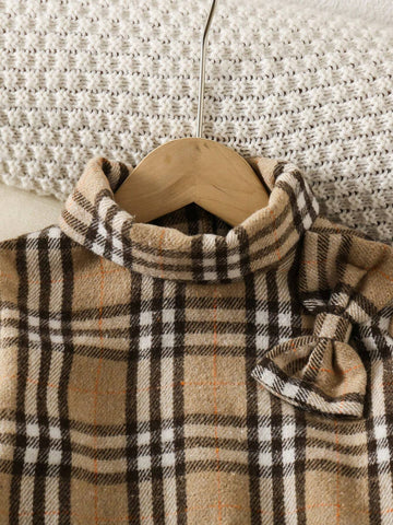 Street Wear Women Girls Elegant Ladylike British Plaid High Collar Wool Dress With Bow Decor, A-Line Fitted Dress, Lady-Like Style Autumn/Winter