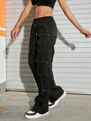 Y2K Solid Flap Pocket Side Ruched Detail Straight Leg Cargo Pants Daily Casual Trousers