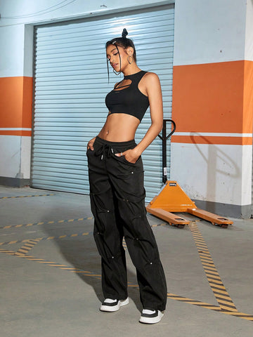 Y2K Solid Flap Pocket Side Ruched Detail Straight Leg Cargo Pants Daily Casual Trousers