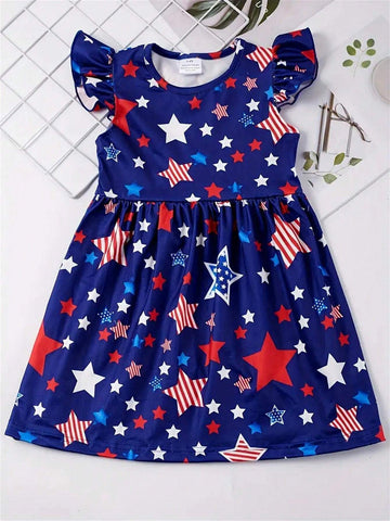 Stretchy American Flag Style Star Graphic Ruffle Sleeve Dress For Girls Summer Holiday Independence Day Gift