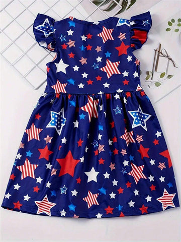 Stretchy American Flag Style Star Graphic Ruffle Sleeve Dress For Girls Summer Holiday Independence Day Gift