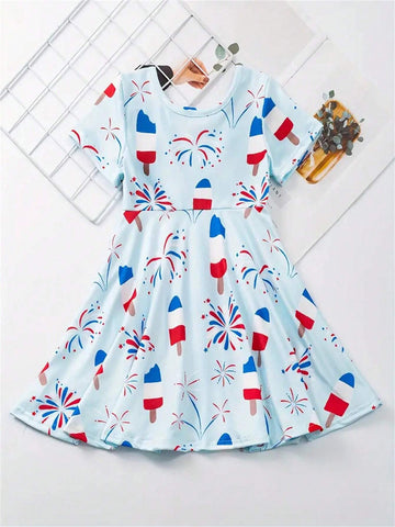 Stretchy American Style Ice Cream & Fireworks Print Short Sleeve Dress For Girls Summer Gift, Independence Day, Party