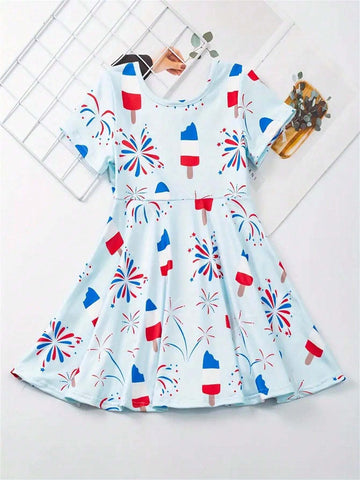 Stretchy American Style Ice Cream & Fireworks Print Short Sleeve Dress For Girls Summer Gift, Independence Day, Party