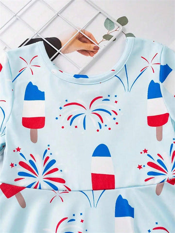 Stretchy American Style Ice Cream & Fireworks Print Short Sleeve Dress For Girls Summer Gift, Independence Day, Party
