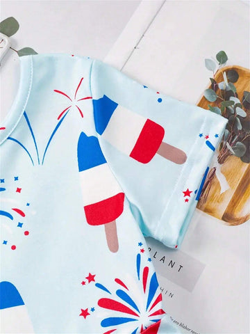 Stretchy American Style Ice Cream & Fireworks Print Short Sleeve Dress For Girls Summer Gift, Independence Day, Party