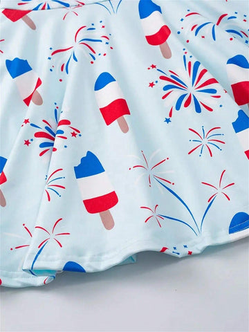 Stretchy American Style Ice Cream & Fireworks Print Short Sleeve Dress For Girls Summer Gift, Independence Day, Party