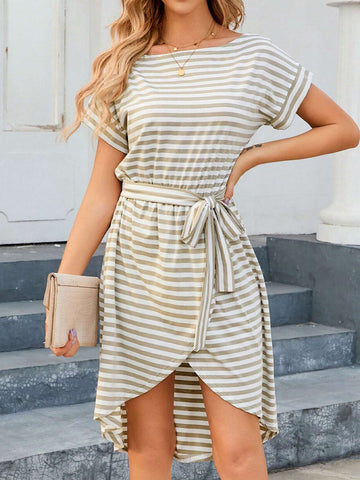 Stripe Print Batwing Sleeve Belted Dress