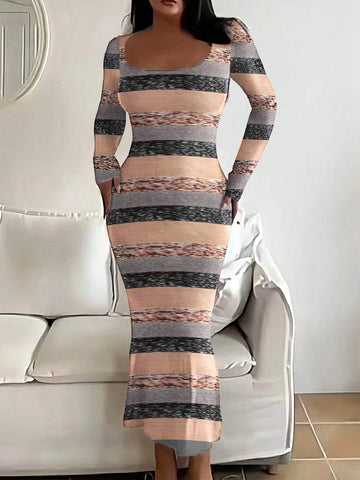 Stripe Spliced Floral Print Bodycon Dress