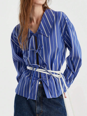 Striped Bow-Tie Decor Casual Shirt - No Belt Included