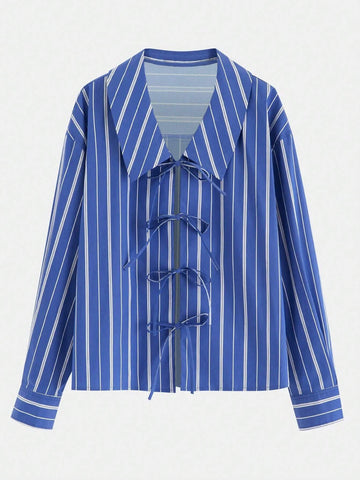 Striped Bow-Tie Decor Casual Shirt - No Belt Included