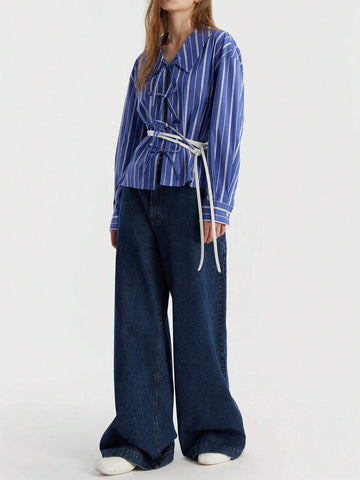 Striped Bow-Tie Decor Casual Shirt - No Belt Included