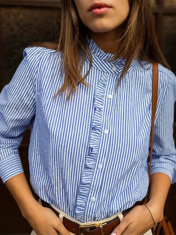 Striped Button Detail Shirt, Casual Long Sleeve Blouse For Women, Spring And Autumn