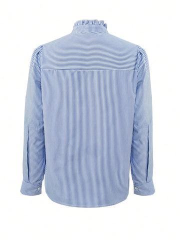 Striped Button Detail Shirt, Casual Long Sleeve Blouse For Women, Spring And Autumn