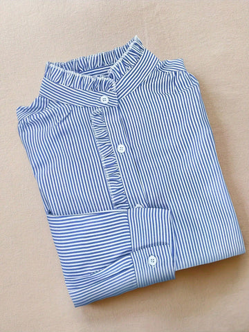 Striped Button Detail Shirt, Casual Long Sleeve Blouse For Women, Spring And Autumn