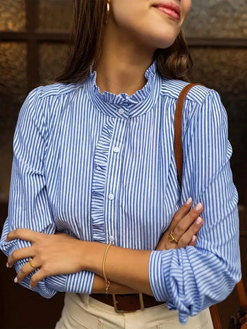 Striped Button Detail Shirt, Casual Long Sleeve Blouse For Women, Spring And Autumn