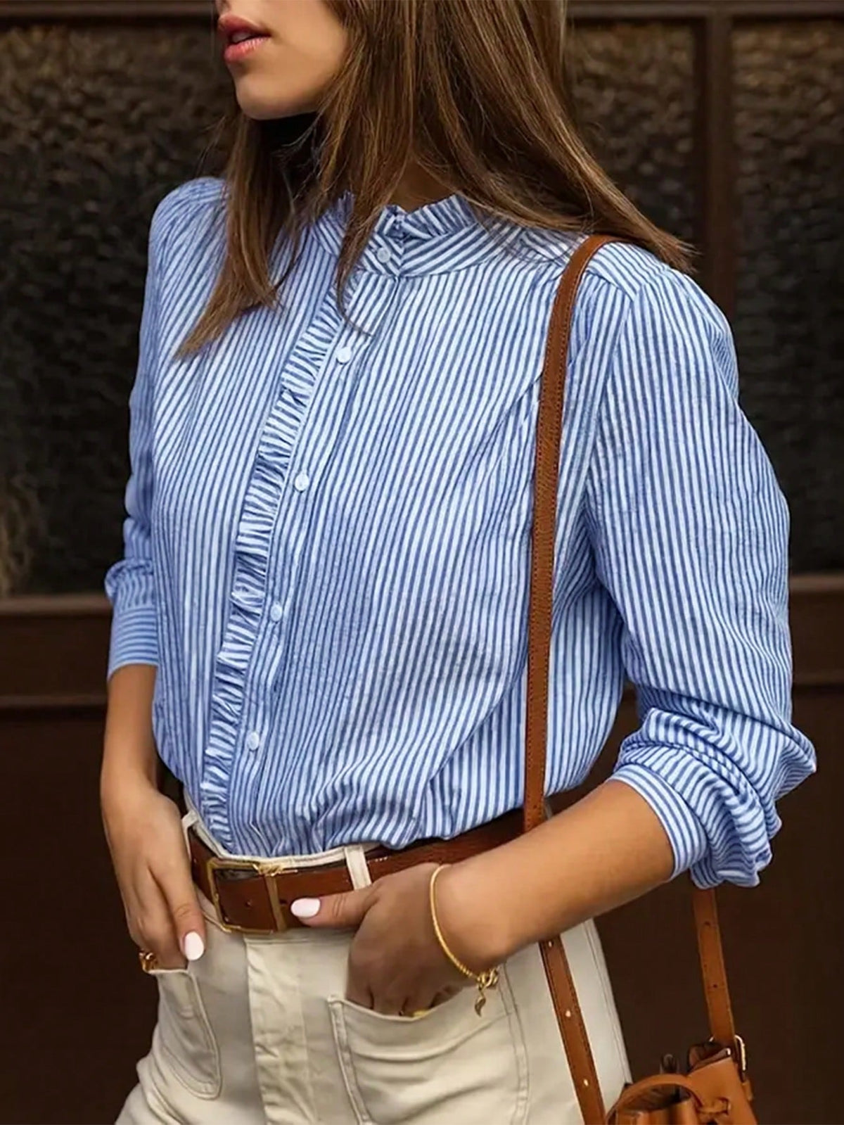 Striped Button Detail Shirt, Casual Long Sleeve Blouse For Women, Spring And Autumn
