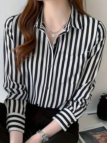Striped Button Front Shirt, Casual Long Sleeve Lapel Shirt, Women's Clothing