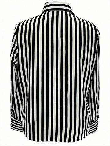 Striped Button Front Shirt, Casual Long Sleeve Lapel Shirt, Women's Clothing